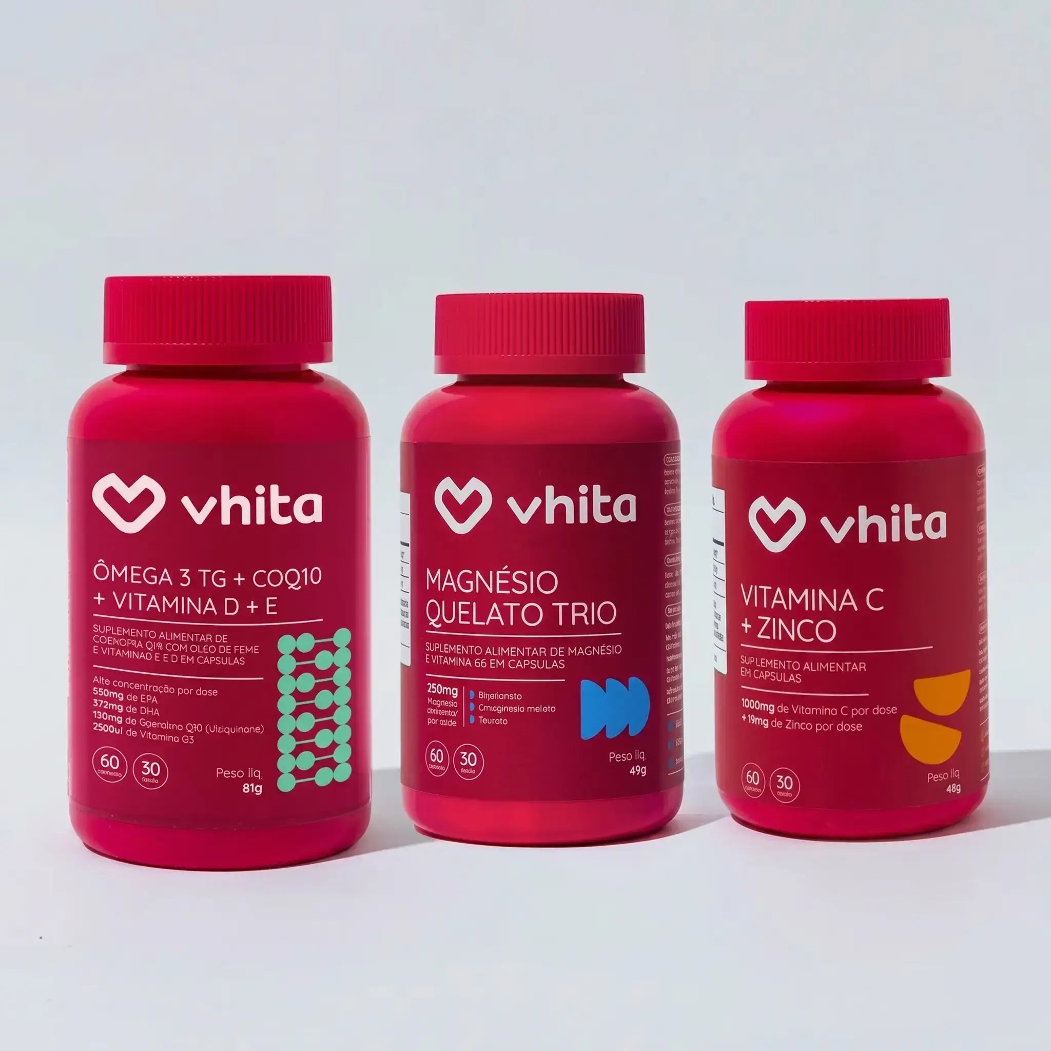 Kit Base da Saúde: Ômega 3 em 1 + Magnésio Quelato Trio + Vitamina