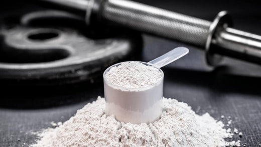 Imagem de um medidor (scoop) de creatina em pó ao lado de um halter de academia, simbolizando a suplementação essencial para melhorar o desempenho nos treinos.