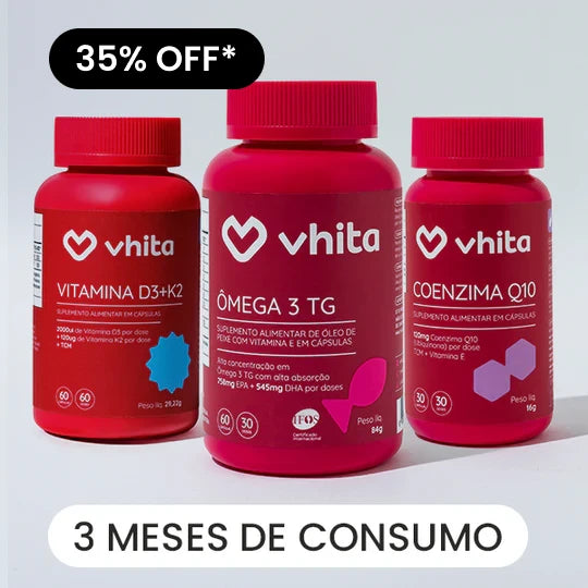 Kit Ômega 3 TG, Vitamina D3+K2 e Coenzima Q10 Vhita com 35% de desconto no Novembro Vhita