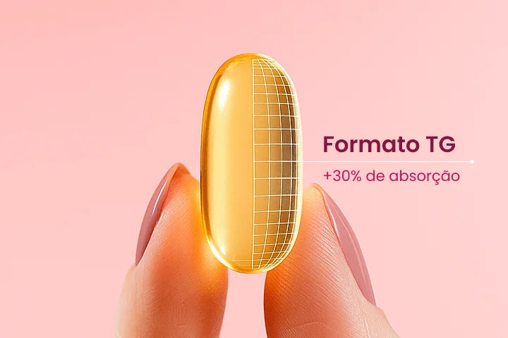 mão segurando cápsula de ômega 3 no formato TG com 30% a mais de absorção